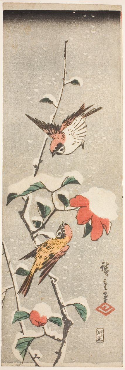 Pardais e camélia na neve de Utagawa Hiroshige