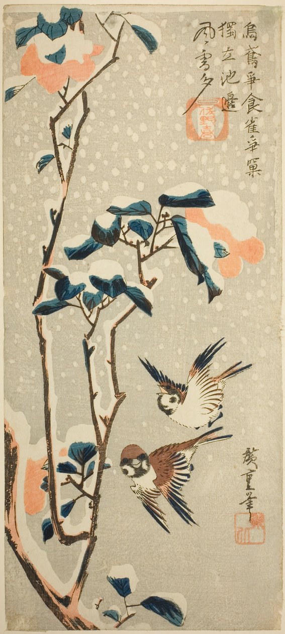 Pardais e camélia na neve de Utagawa Hiroshige