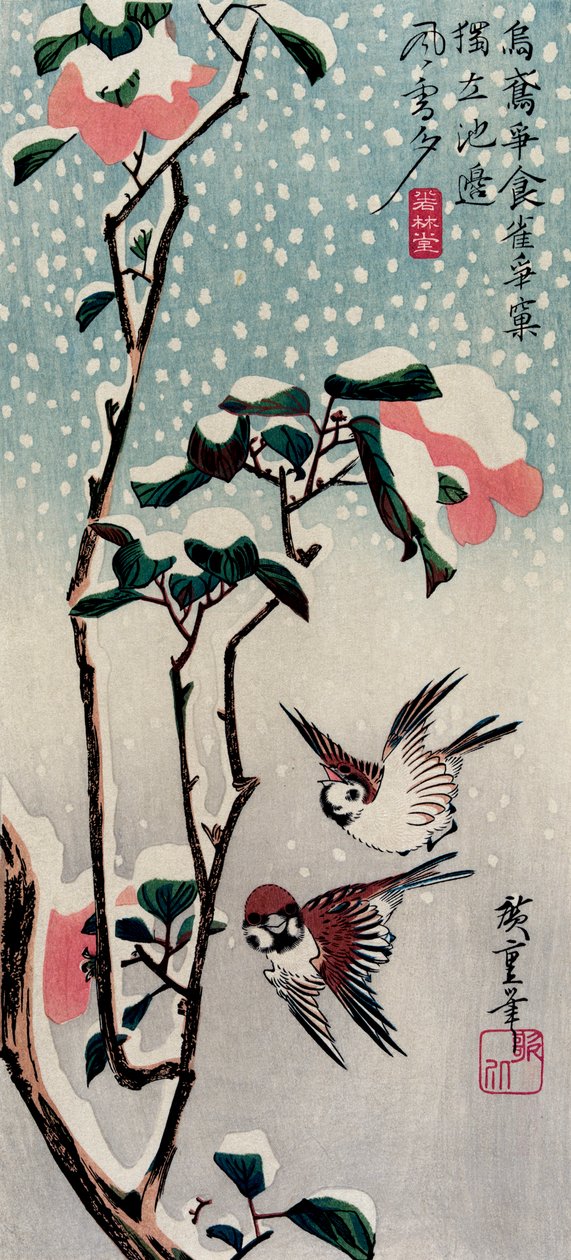 Pardais e Camélias na Neve, década de 1830. de Utagawa Hiroshige