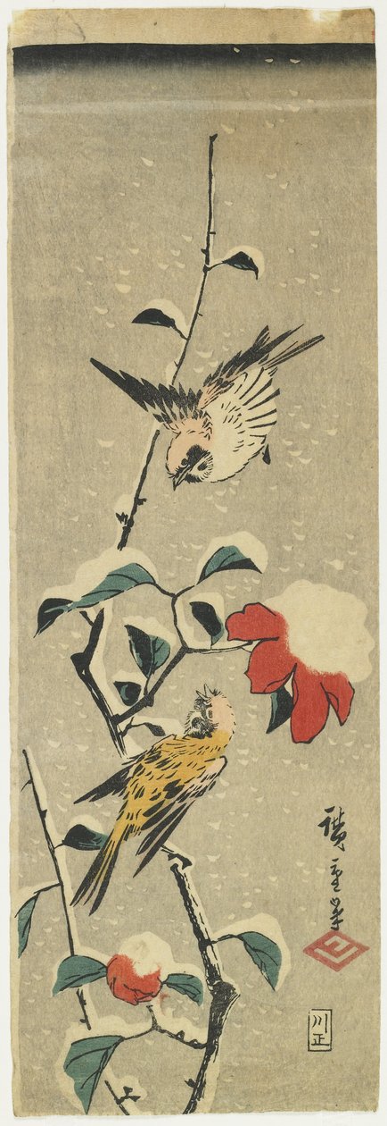 Pardais e camélia nevada, 1837-1848 de Utagawa Hiroshige