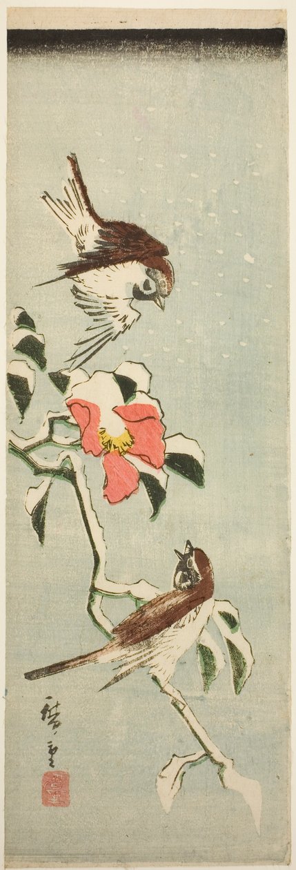 Pardais e camélias na neve de Utagawa Hiroshige