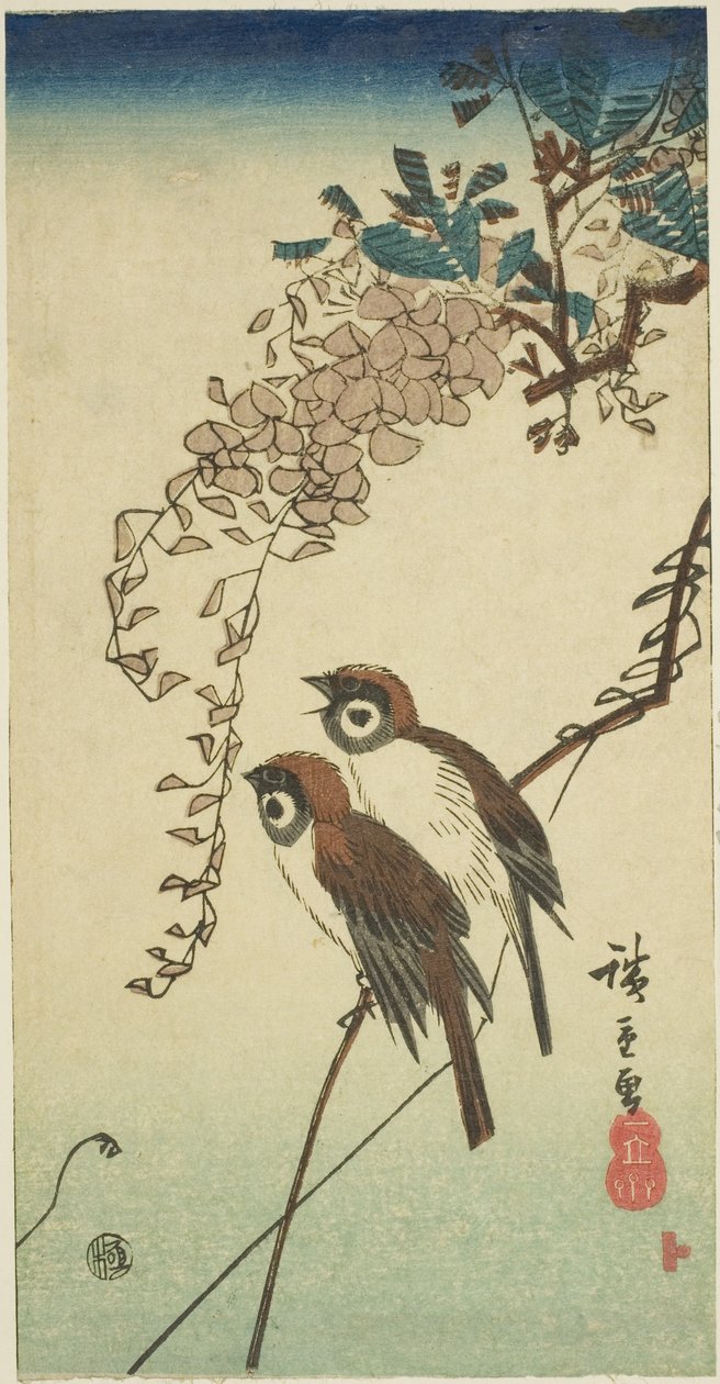 Pardais e glicínias de Utagawa Hiroshige