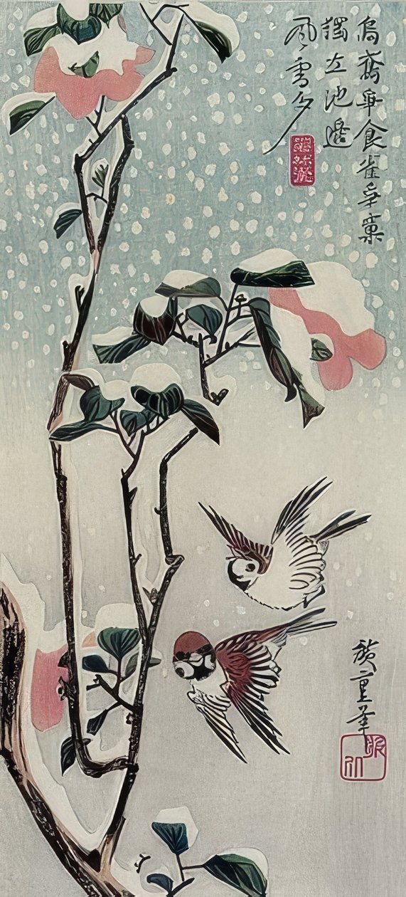 Pardais e camélias na neve de Utagawa Hiroshige