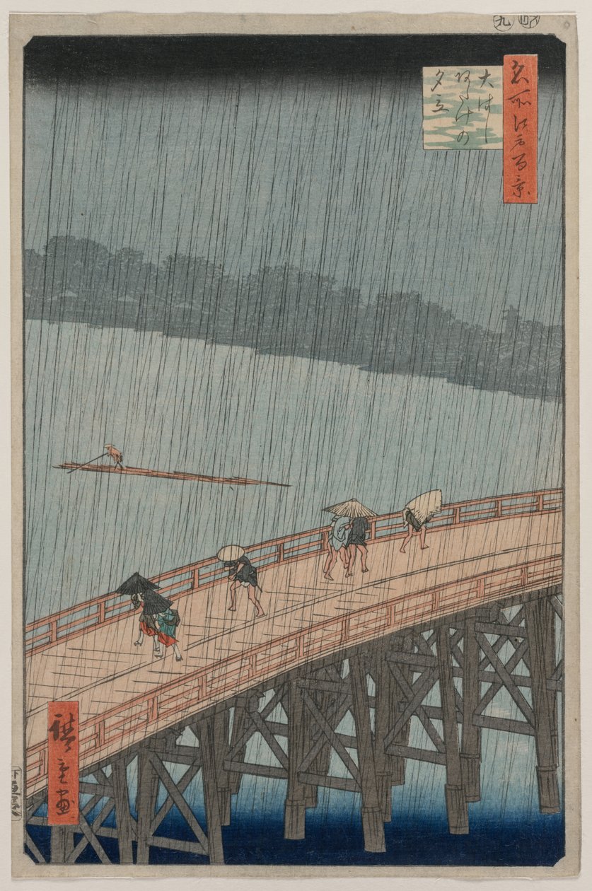 Chuva repentina sobre a ponte Shin-Ōhashi e Atake, da série Cem Vistas Famosas de Edo de Utagawa Hiroshige