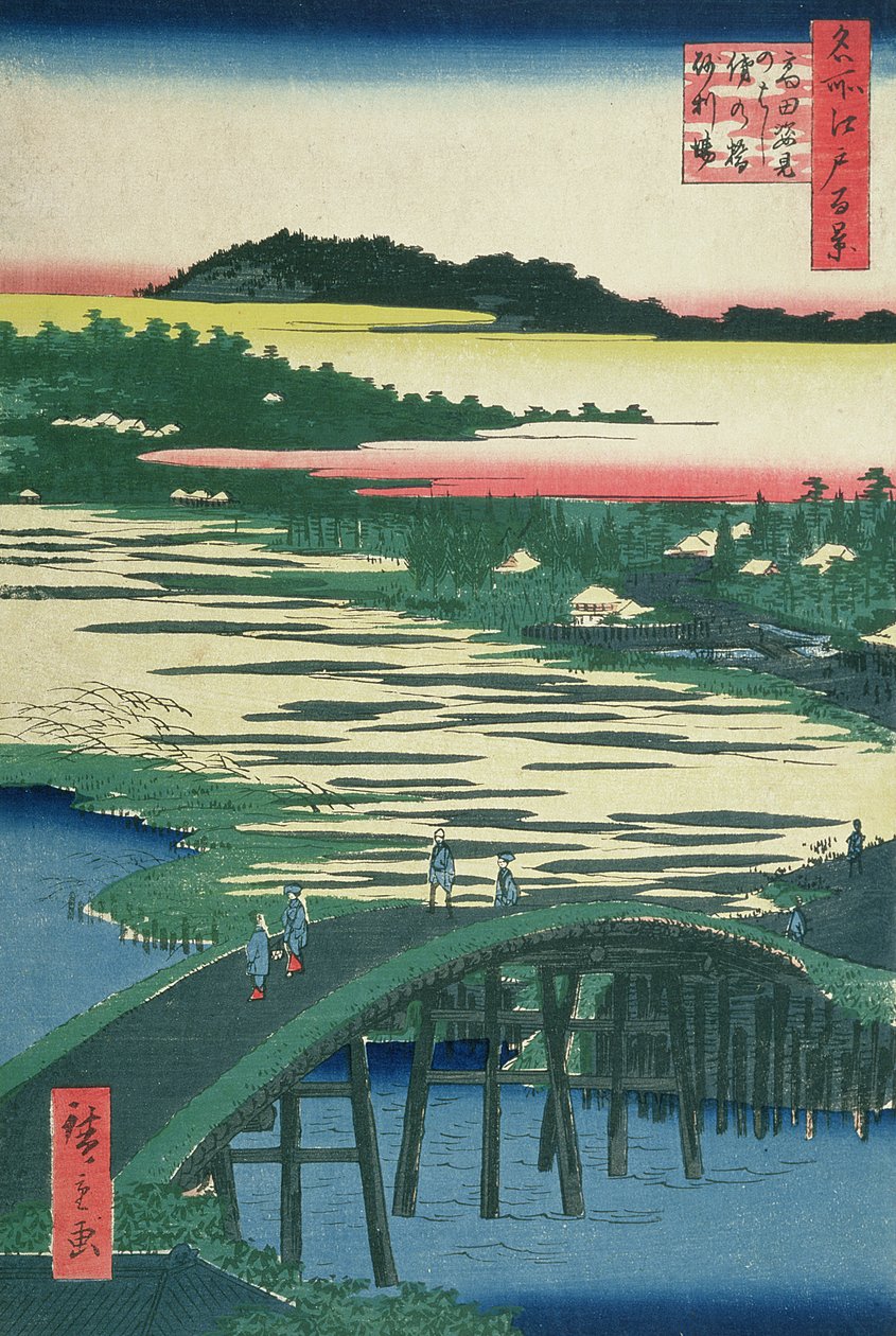 Ponte Sugatami, Omokage Bridge e Jariba em Takata, da série &39;Cem visões famosas de Edo&39;, 1857 (impressão em xilogravura a cores) de Utagawa Hiroshige