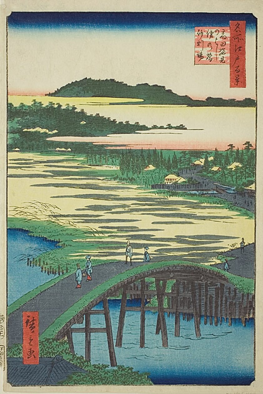 Ponte Sugatami, ponte Omokage e cascalheira em Takata (Takata Sugataminohashi Omokagenohashi jariba), n.o 116 da série "Cem vistas famosas de Edo (Meisho Edo hyakkei)" de Utagawa Hiroshige