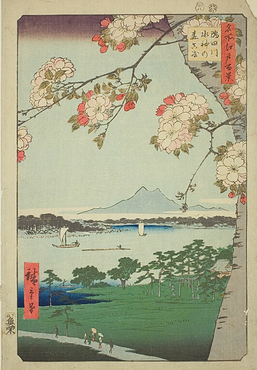 Santuário de Suijin e Massaki no rio Sumida (Sumidagawa Suijin no mori Massaki), n.º 35 da série "Cem vistas famosas de Edo (Meisho Edo hyakkei)" de Utagawa Hiroshige