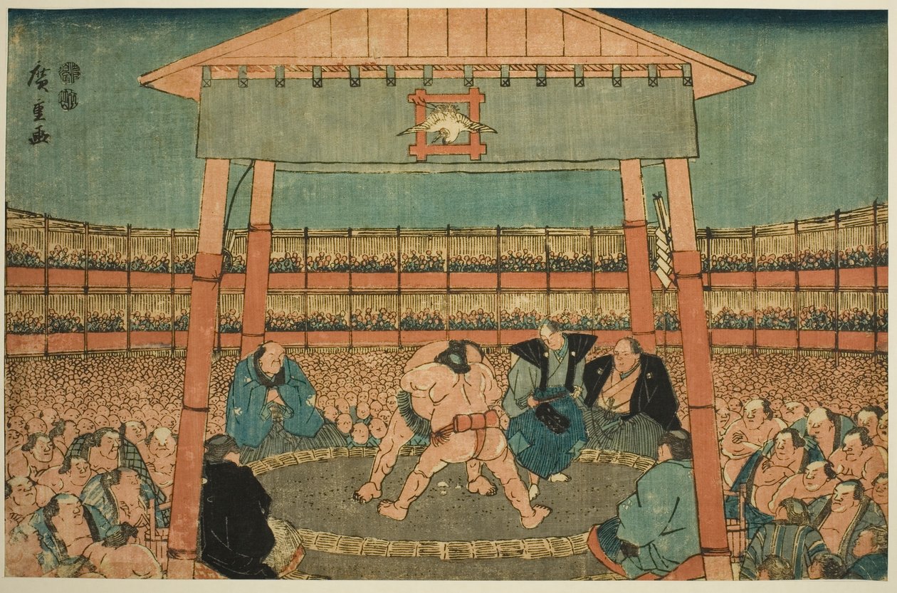 Luta de Sumô nos Recintos do Templo Ekoin (Ekoin keidai sumo no zu), da série "Ryogoku na Capital Oriental (Toto Ryogoku)" de Utagawa Hiroshige