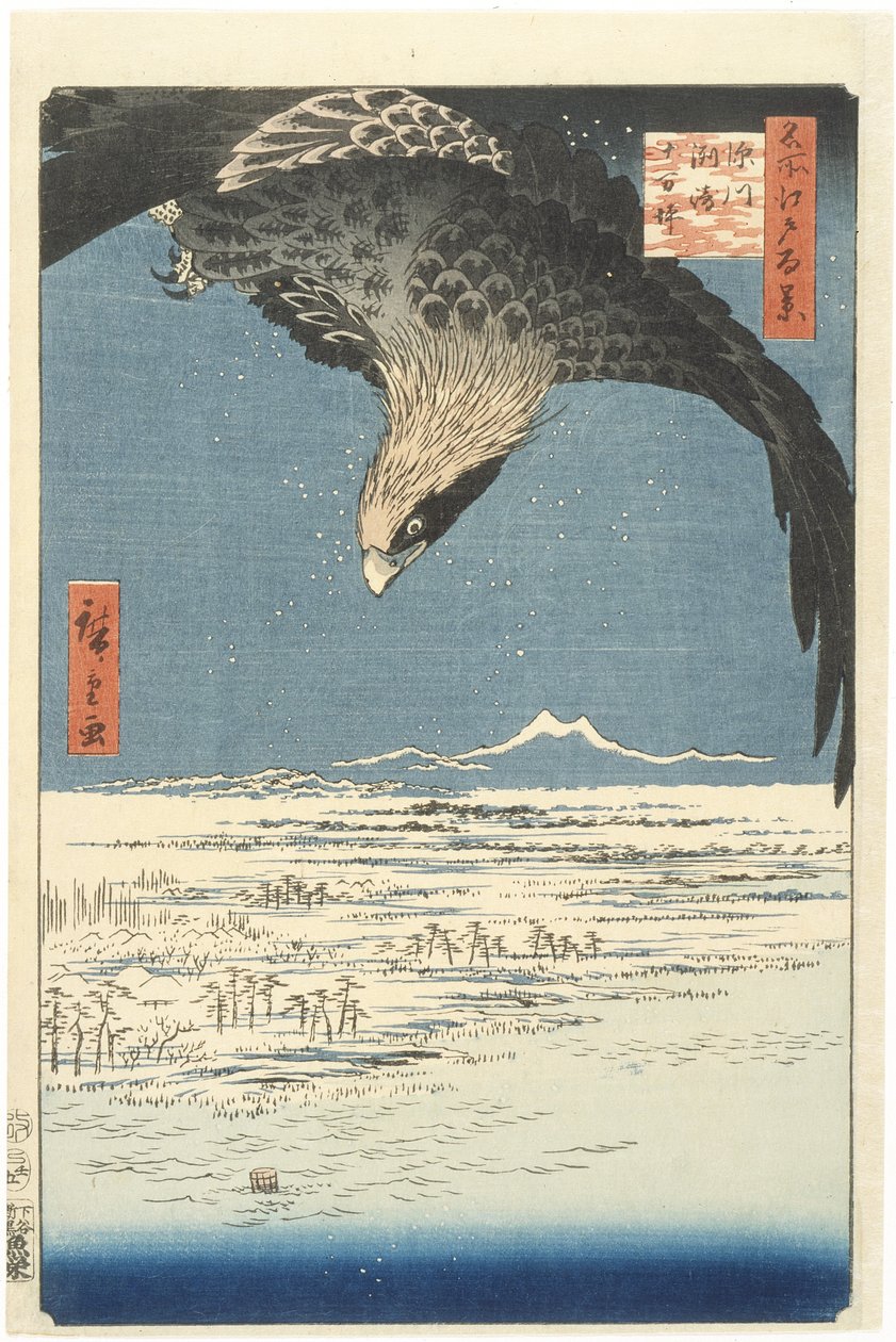 Susaki e a planície de Jmantsubo perto de Fukagawa da série Cem visões famosas de Edo, 1857 (impressão de woodblock de cor) de Utagawa Hiroshige