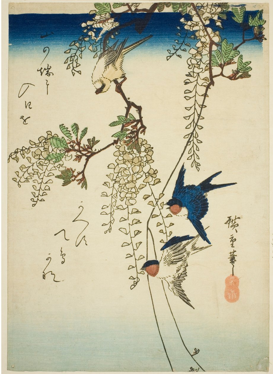 Andorinha, pássaro amarelo e glicínias de Utagawa Hiroshige