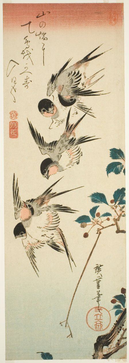 Andorinhas e flores de cerejeira de Utagawa Hiroshige