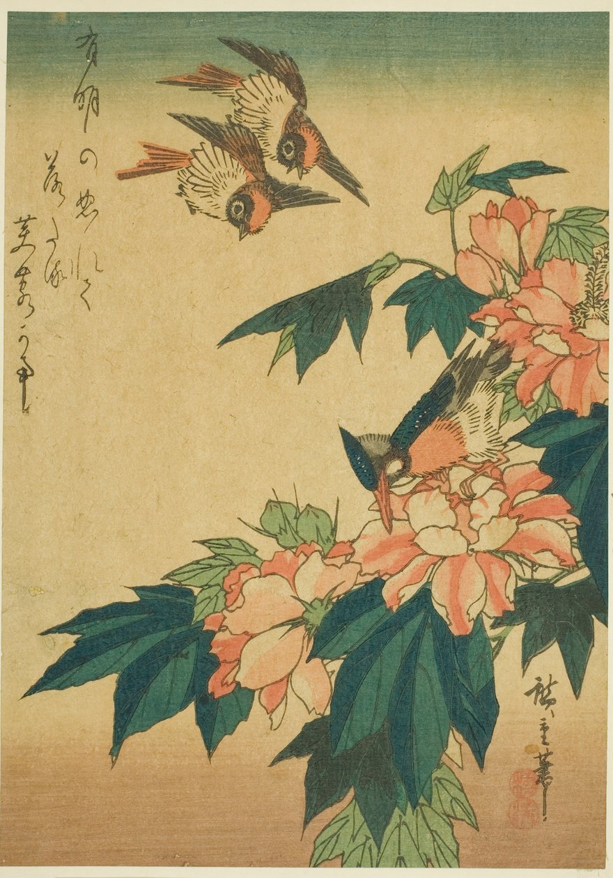 Andorinhas, martim-pescador e hibisco de Utagawa Hiroshige