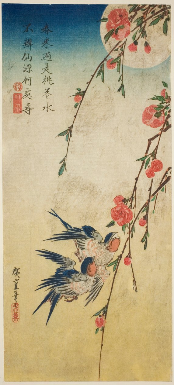 Andorinhas, flores de pleuro e lua cheia de Utagawa Hiroshige