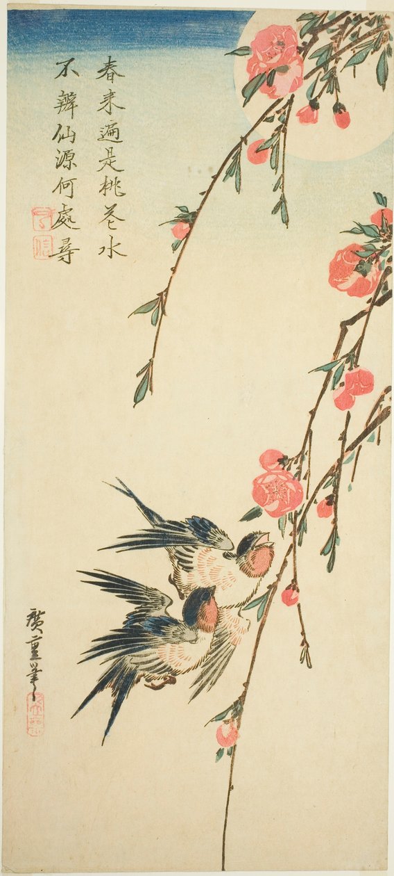 Andorinhas, flores de pleuro e lua cheia de Utagawa Hiroshige