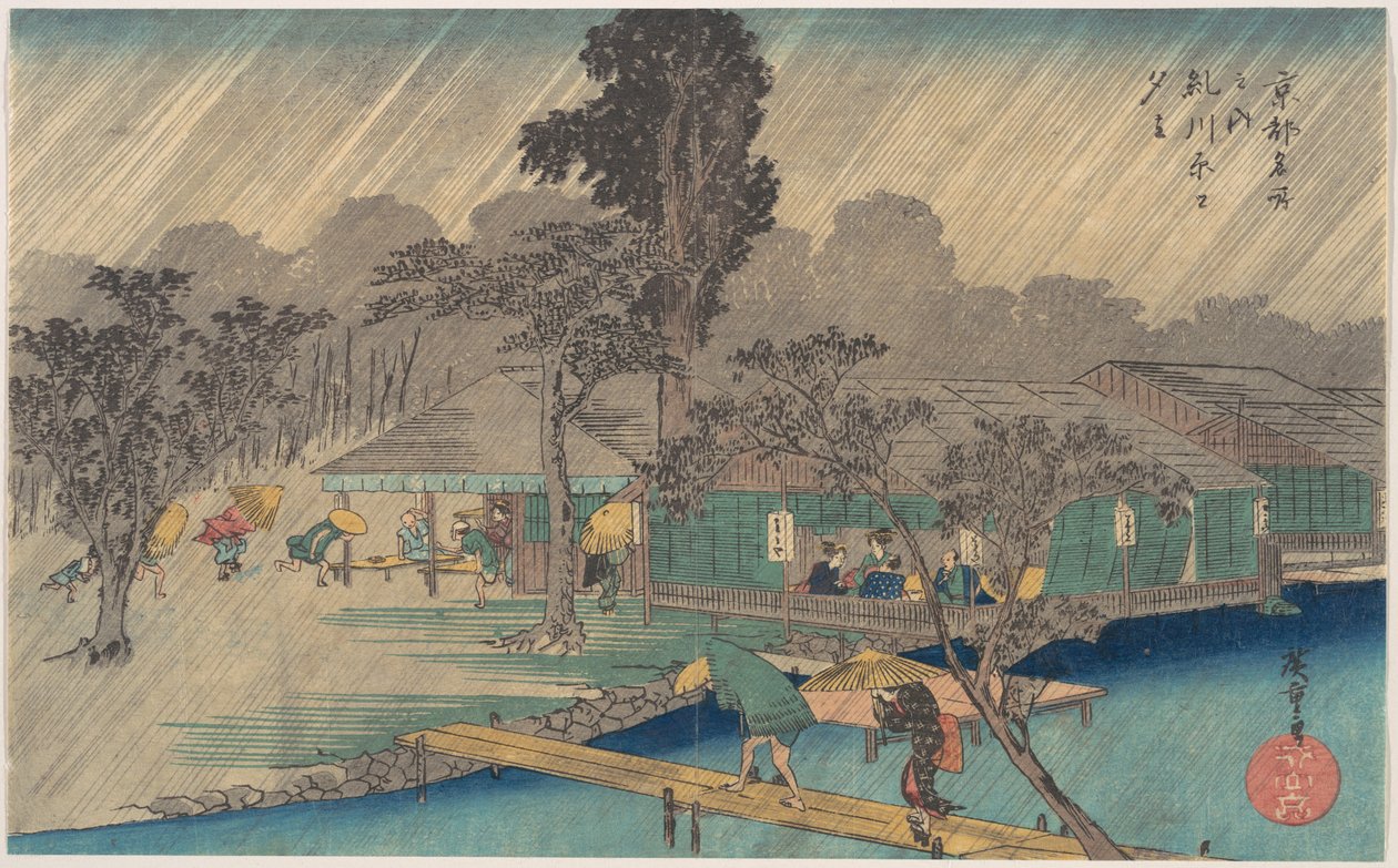 Casas de chá na margem do rio Tadasu durante um aguaceiro de Utagawa Hiroshige