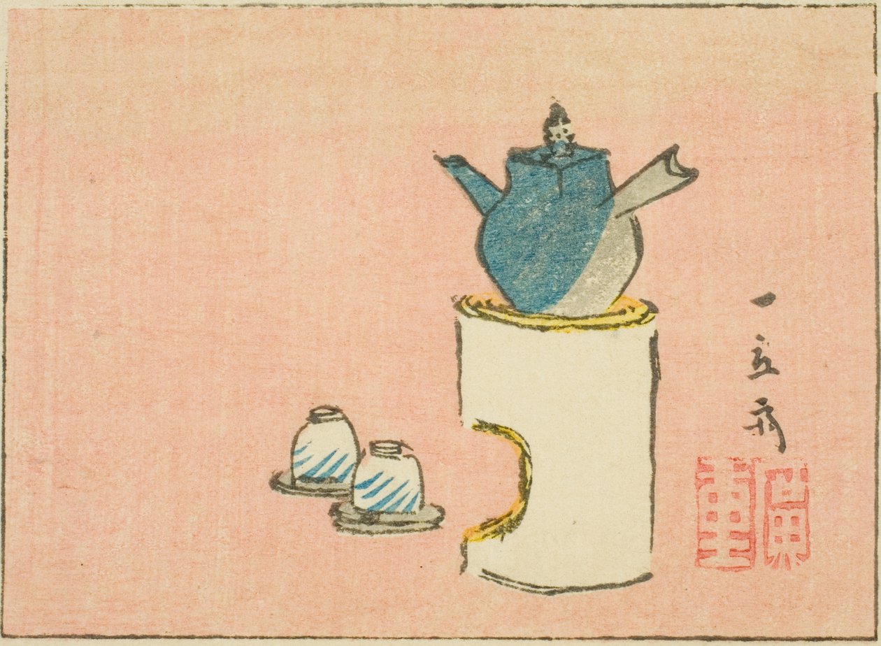 Bule e xícaras, seção de uma folha de uma série de gravuras de harimaze sem título de Utagawa Hiroshige