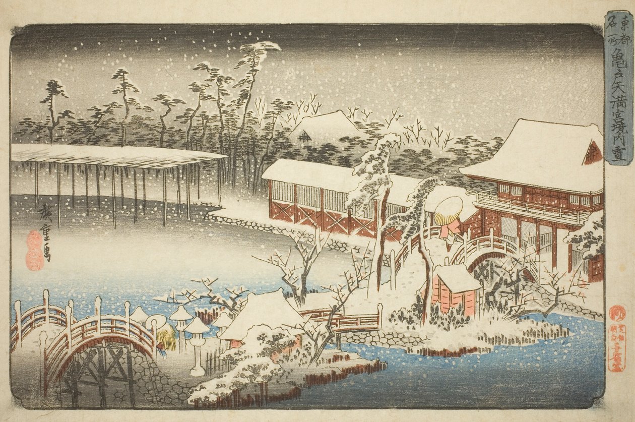 O Complexo do Santuário Tenman em Kameido in the Snow (Kameido Tenmangu keidai no yuki), da série "Lugares famosos na capital oriental (Toto meisho)" de Utagawa Hiroshige