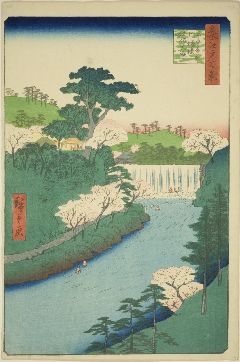 A represa no rio Otonashi em Oji, comumente chamada de "A Grande Cachoeira" (Oji Otonashigawa entai, sezoku Otaki to tonau), da série "Cem vistas famosas de Edo (Meisho Edo hyakkei)" de Utagawa Hiroshige