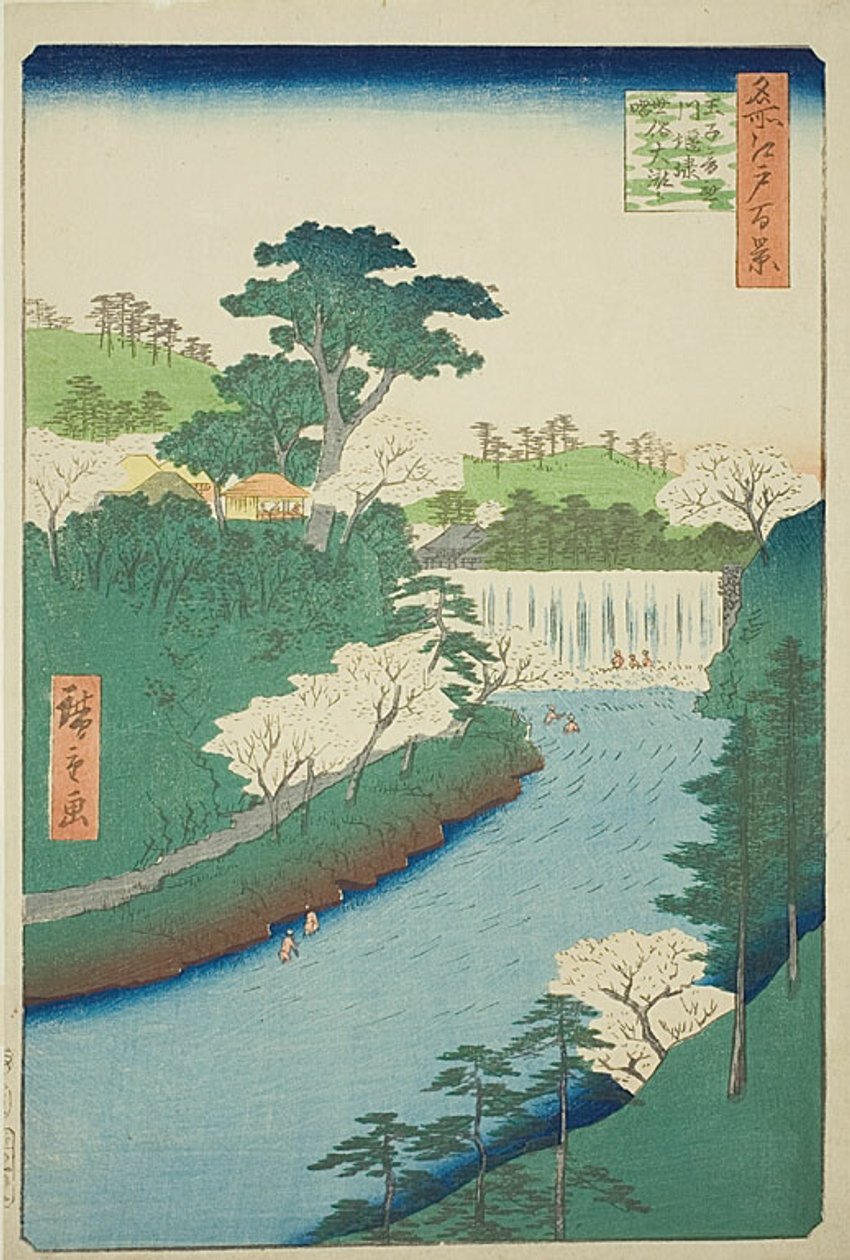 Barragem no rio Otonashi em Oji, vulgarmente designada por "A Grande Cascata" (Oji Otonashigawa entai, sezoku Otaki to tonau), n.o 19 da série "Cem Vistas Famosas de Edo (Meisho Edo hyakkei)" de Utagawa Hiroshige