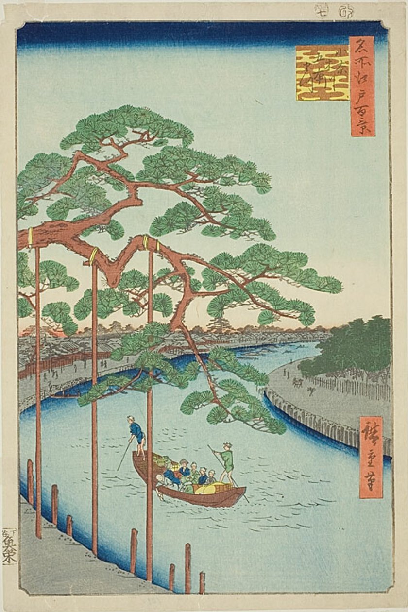 Os Cinco Pinheiros no Rio Onagi (Onagigawa Gohonmatsu), n.º 97 da série "Cem Vistas Famosas de Edo (Meisho Edo hyakkei)" de Utagawa Hiroshige