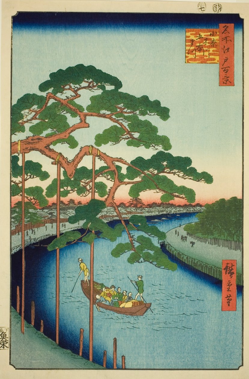 Os Cinco Pinheiros do Rio Onagi (Onagigawa Gohonmatsu), da série "Cem Vistas Famosas de Edo (Meisho Edo hyakkei)" de Utagawa Hiroshige