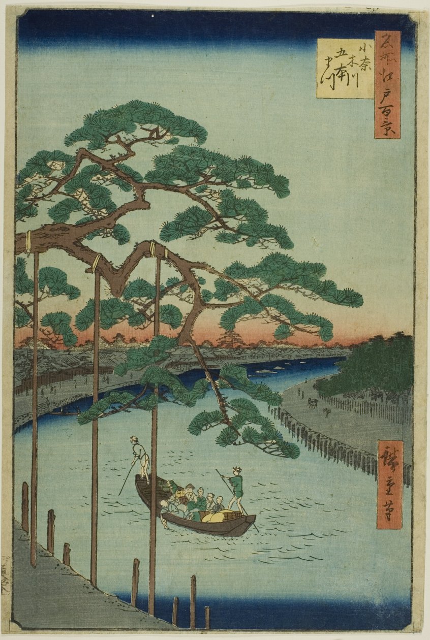 Os Cinco Pinheiros do Rio Onagi (Onagigawa Gohonmatsu), da série "Cem Vistas Famosas de Edo (Meisho Edo hyakkei)" de Utagawa Hiroshige
