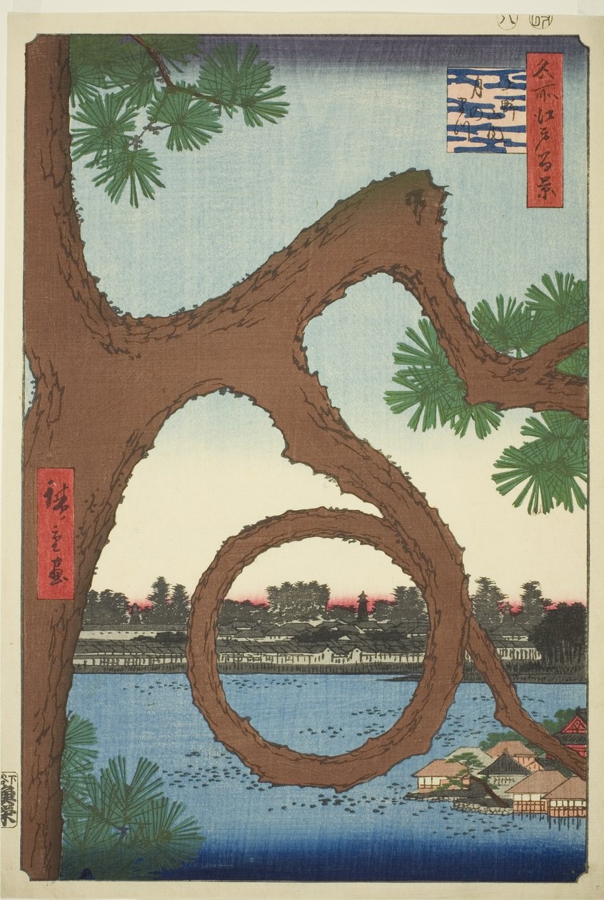 O pinheiro da lua nos terrenos do templo em Ueno (Ueno sannai Tsuki no matsu), da série "Cem vistas famosas de Edo (Meisho Edo hyakkei)" de Utagawa Hiroshige