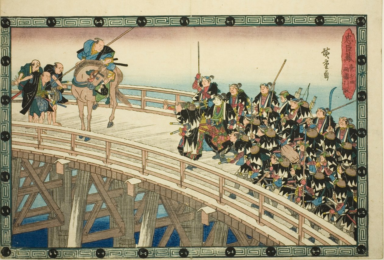 O Ataque Noturno, Parte 4 [sic; na verdade 5]: The Retreat through Ryogoku Bridge (Youchi yon, Ryogoku hikitori), da série "The Revenge of the Loyal Retainers (Chushingura)" de Utagawa Hiroshige