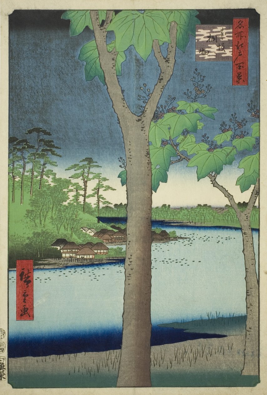Te Paow nia Grove at Akasaka (Akasaka Kirihata), da série ”Ridge for dre d Fa net s views of Edo (Cem vistas famosas de Edo)” de Utagawa Hiroshige