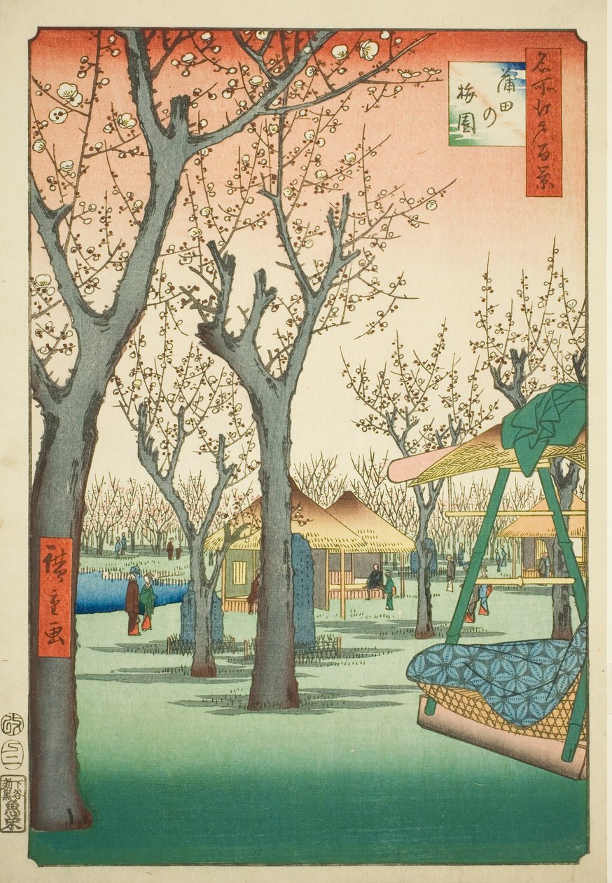 Pomar de Ameixeiras em Kamata (Kamata no umezono), n.º 27 da série "Cem Vistas Famosas de Edo (Meisho Edo hyakkei)" de Utagawa Hiroshige