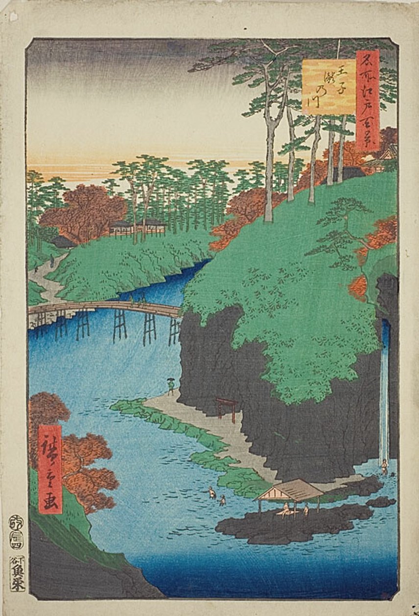 O rio das quedas de água em Oji (Oji Takinogawa), n.º 88 da série "Cem vistas famosas de Edo (Meisho Edo hyakkei)" de Utagawa Hiroshige
