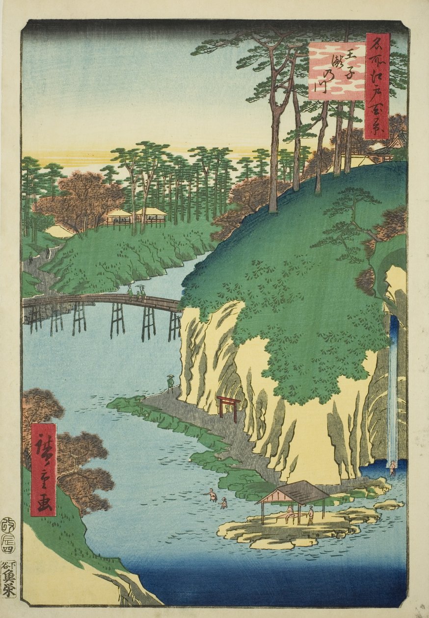 O Rio das Cachoeiras em Oji (Oji Takinogawa), da série "Cem Vistas Famosas de Edo (Meisho Edo hyakkei)" de Utagawa Hiroshige