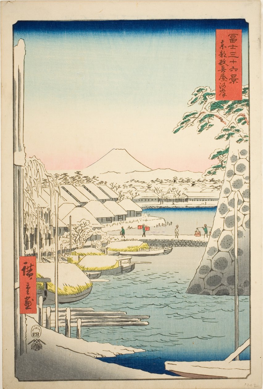 A margem do rio em Sukiya na Capital Oriental (Toto Sukiyagashi), da série "Trinta e seis vistas do Monte Fuji (Fuji sanjurokkei)" de Utagawa Hiroshige