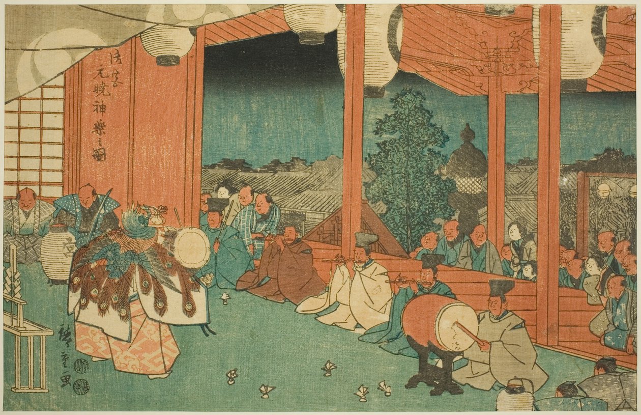 A Dança Sagrada no Santuário Shinmei em Shiba ao Amanhecer (Shiba Shinmei, Omiya gengyo kagura no zu), da série "Lugares Famosos na Capital Oriental (Toto meisho)" de Utagawa Hiroshige