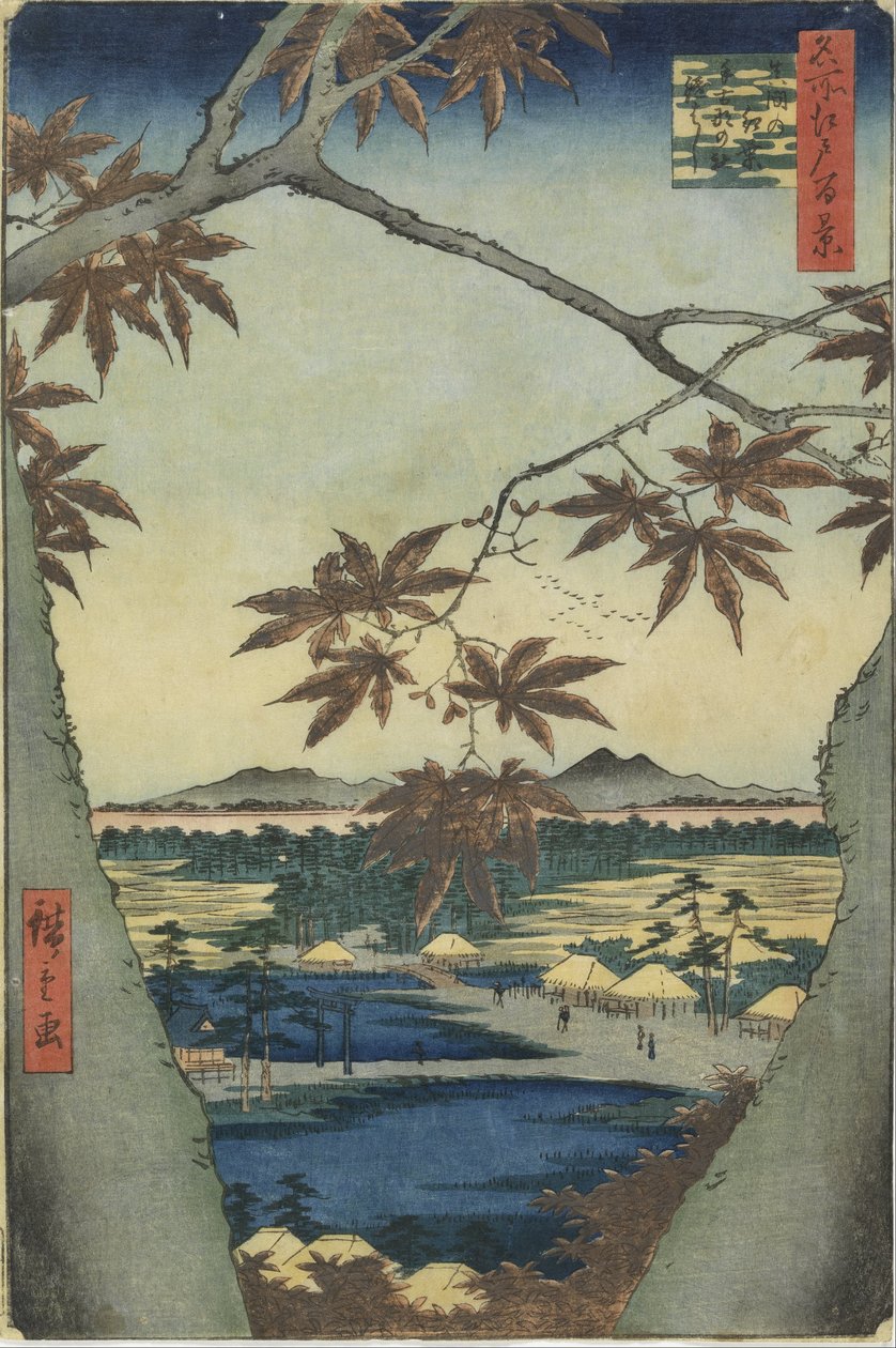 As folhas de ácer de Mama, o santuário Tekona e a ponte Tsugi de Utagawa Hiroshige