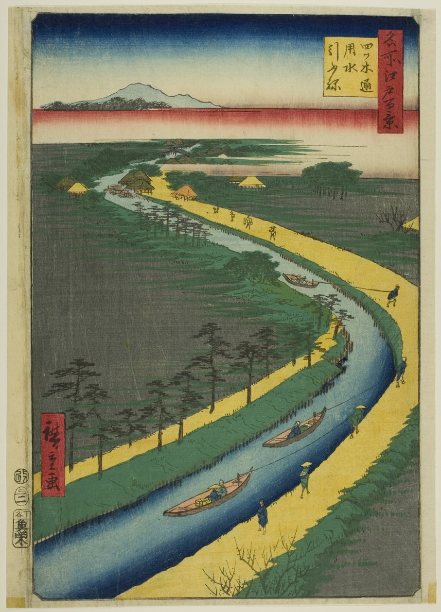 Barcos de reboque ao longo do Canal Yotsugidori (Yotsugidori yosui hikifune), da série "Cem Vistas Famosas de Edo (Meisho Edo hyakkei)" de Utagawa Hiroshige