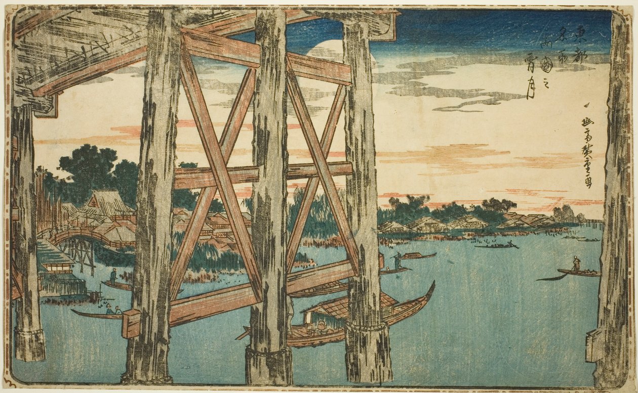 Lua Crepuscular na Ponte Ryogoku (Ryogoku no yoizuki), da série "Vistas Famosas da Capital Oriental (Toto Meisho)" de Utagawa Hiroshige