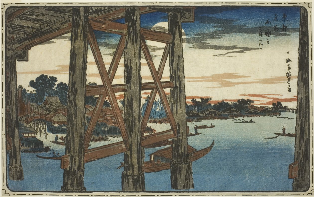 Lua Crepuscular na Ponte Ryogoku (Ryogoku no yoizuki), da série "Famous Views of the Eastern Capital (Toto meisho)" de Utagawa Hiroshige