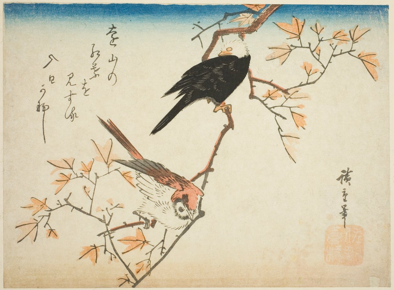 Dois pássaros no ramo de bordo de Utagawa Hiroshige