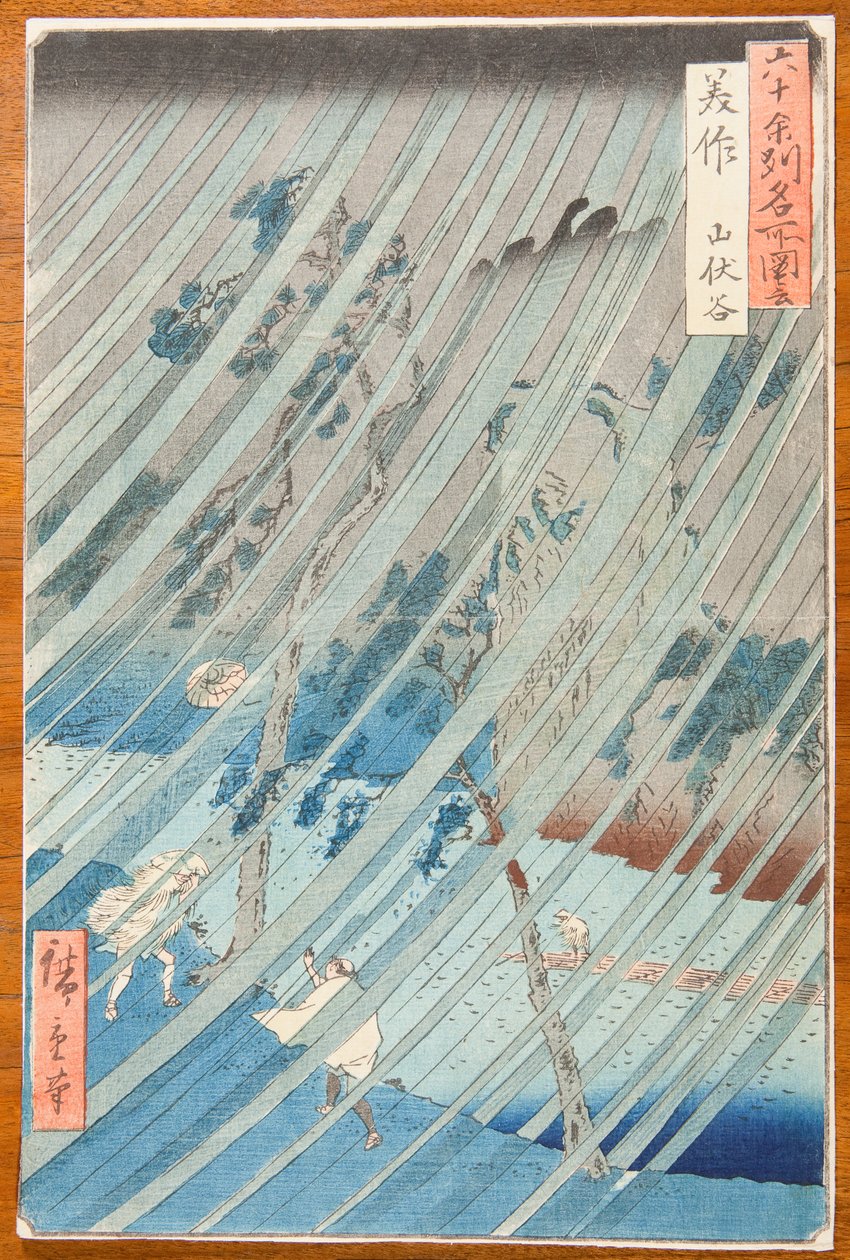 Chuva torrencial no vale de Yamabushi, na província de Mimasaka / Mimasaka. Yamabushidani, placa n.º 46 da série: Vistas de locais famosos nas mais de sessenta províncias / Rokuju yoshu meisho zue de Utagawa Hiroshige