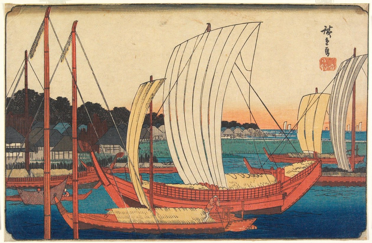 Vista de barcos a entrar no porto de Tsukudajima de Utagawa Hiroshige