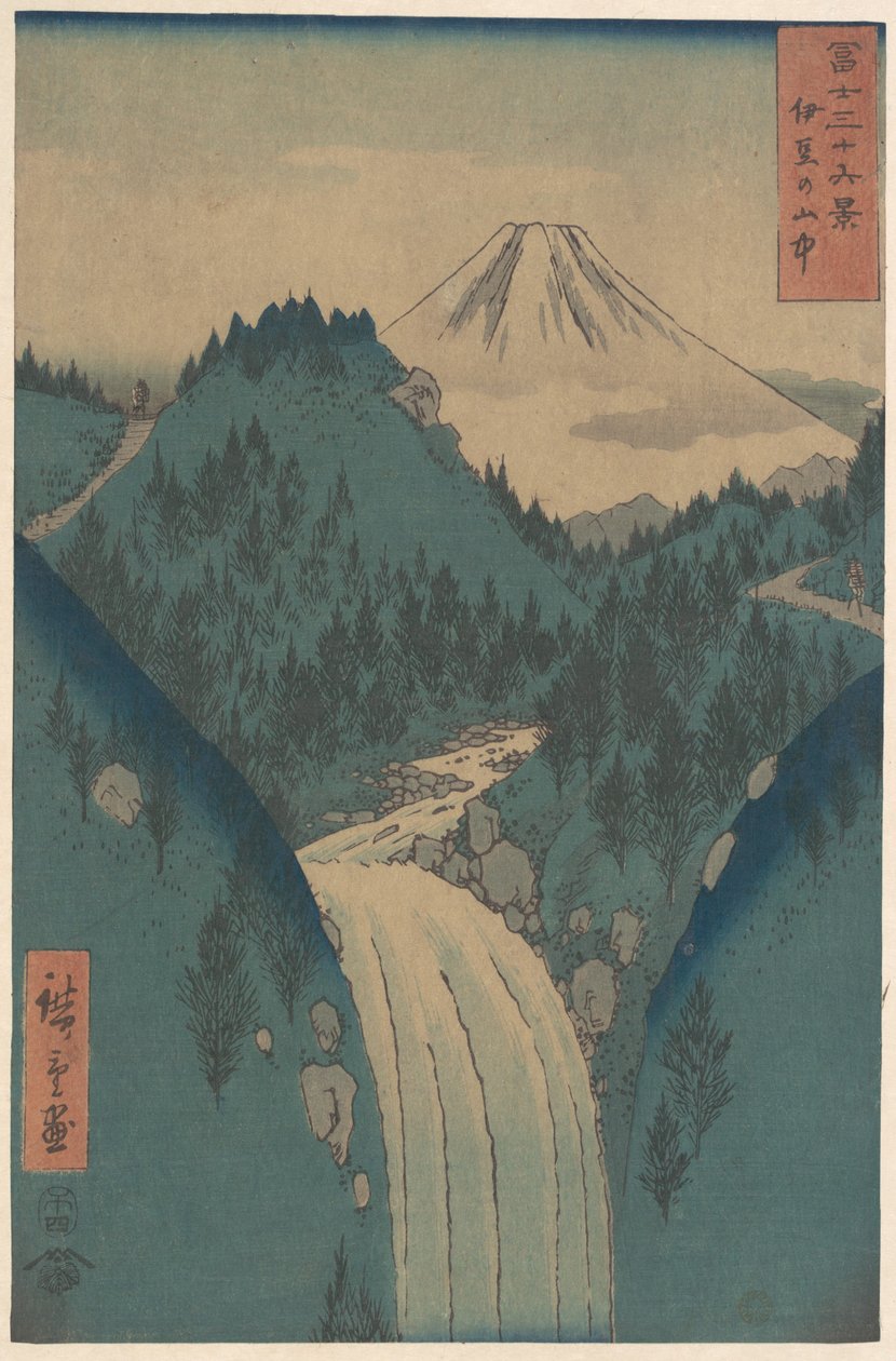 Vista do Monte Fuji a partir das montanhas da província de Izu (Izu no Sanchu), da série «Trinta e seis vistas do Monte Fuji» (Fugaku sanjūrokkei) de Utagawa Hiroshige
