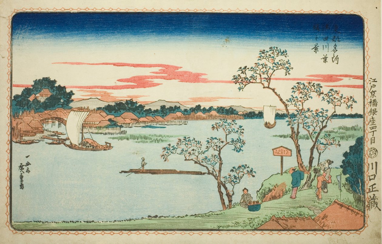 Vista de frondosas cerejeiras ao longo do rio Sumida (Sumidagawa hazakura no kei), da série "Famous Views of the Eastern Capital (Toto Meisho)" de Utagawa Hiroshige