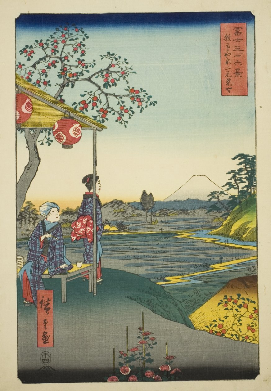 Vista do Monte Fuji de uma casa de chá em Zoshigaya (Zoshigaya Fujimi chaya), da série "Trinta e seis vistas do Monte Fuji (Fuji sanjurokkei)" de Utagawa Hiroshige