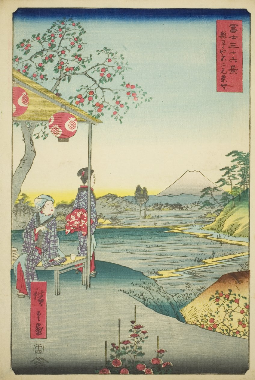Vista do Monte Fuji de uma casa de chá em Zoshigaya (Zoshigaya Fujimi chaya), da série "Trinta e seis vistas do Monte Fuji (Fuji sanjurokkei)" de Utagawa Hiroshige