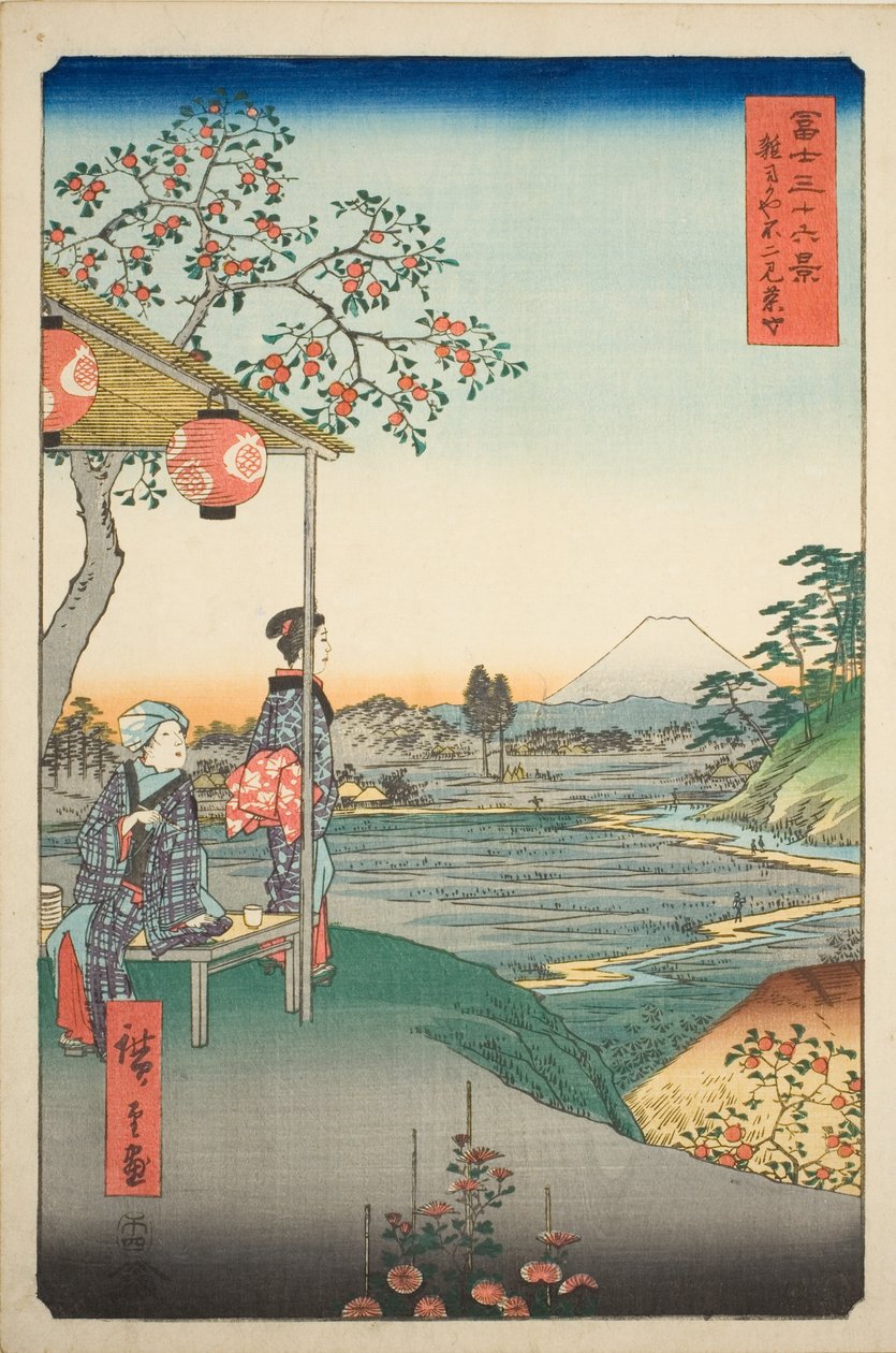Vista do Monte Fuji de uma casa de chá em Zoshigaya (Zoshigaya Fujimi chaya), da série "Trinta e seis vistas do Monte Fuji (Fuji sanjurokkei)" de Utagawa Hiroshige