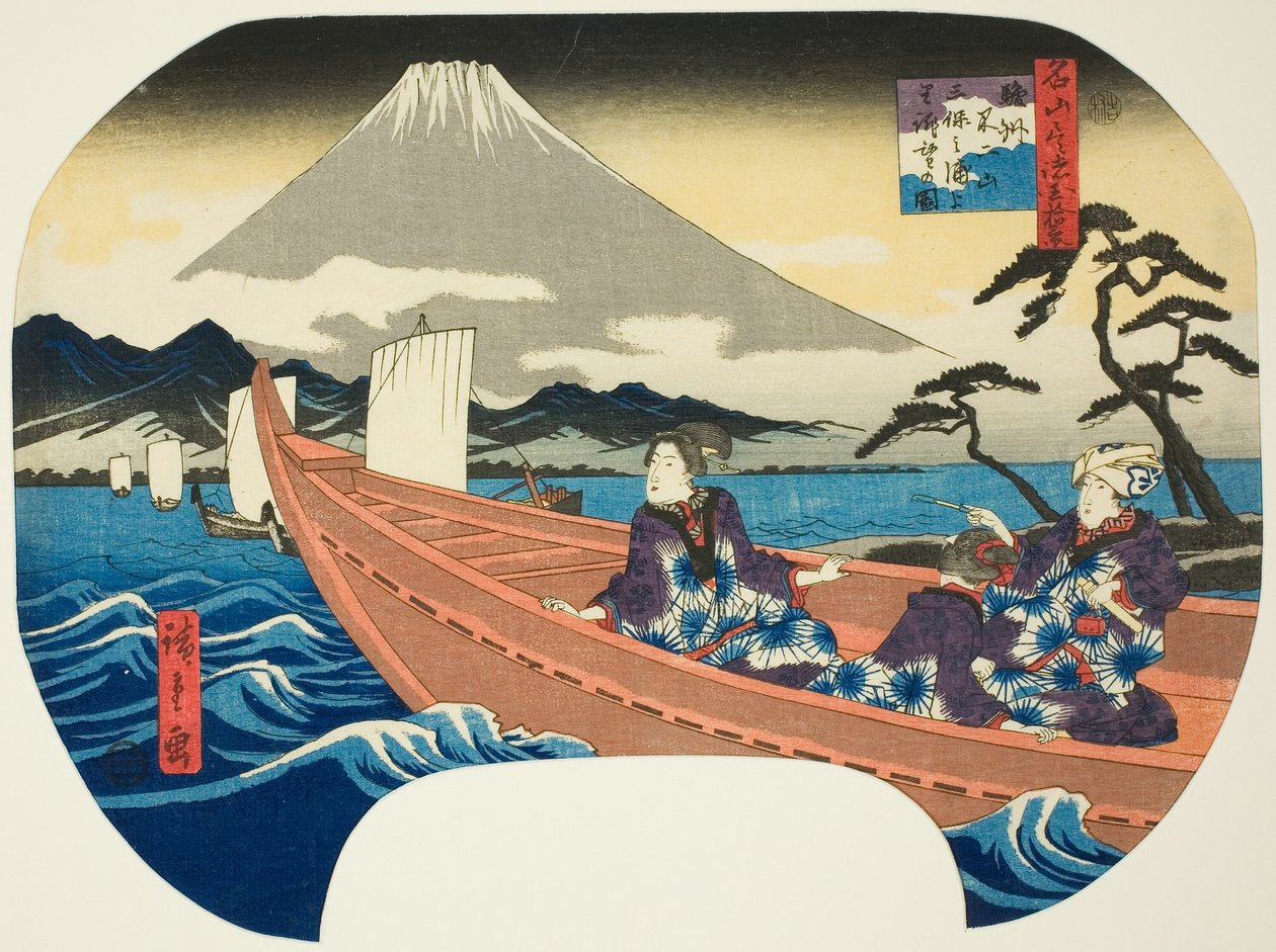 Vista do Monte Fuji do outro lado do mar na Baía de Miho na província de Suruga (Sunshu Fujisan Miho no kaijo yori chobo), da série "Dez Vistas de Montanhas Famosas nas Províncias (Meizan tsukushi shokoku jukkei)" de Utagawa Hiroshige