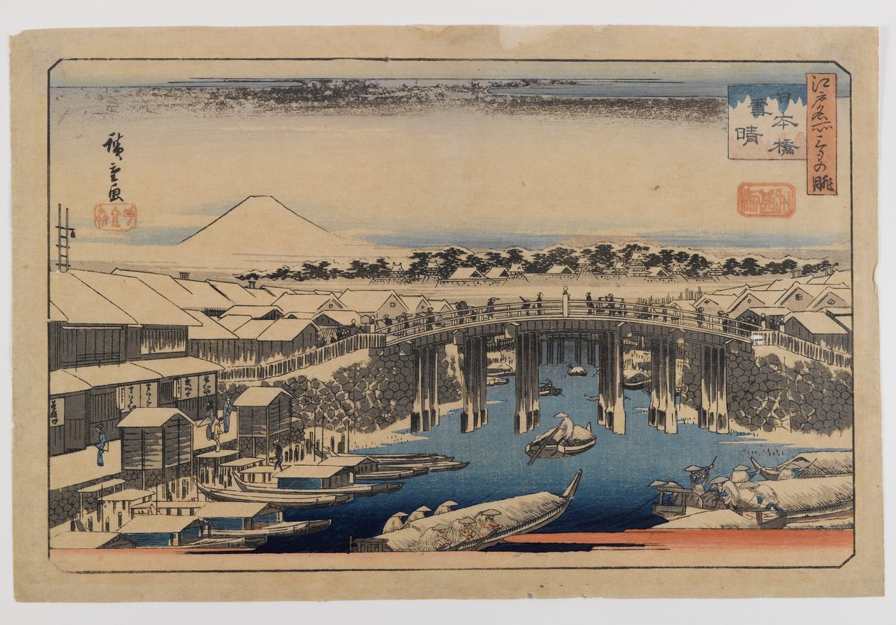 Vista da Ponte Nihonbashi, Edo (Edo Meisho) (impressão em xilogravura, cor sobre papel) de Utagawa Hiroshige