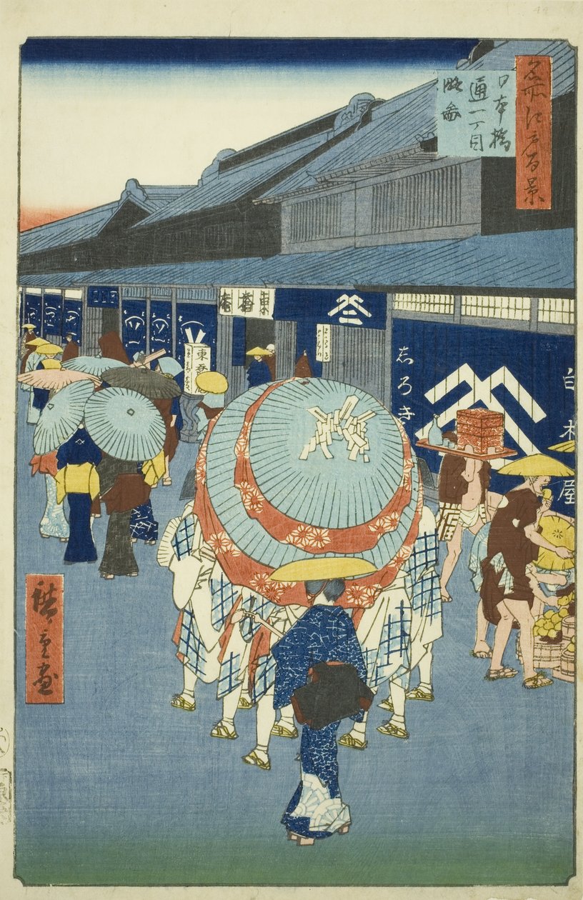 Vista de Nihonbashi Tori tchome (esboço de Nihonbashi Tori tchome), da série Te ”Ridge dre d fa net s views of Edo (Cem pontos turísticos famosos de Edo)” de Utagawa Hiroshige