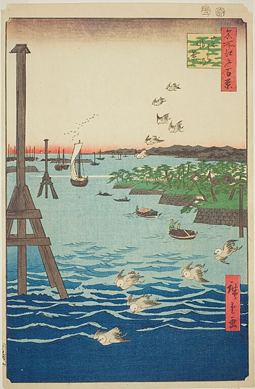 Vista da Costa de Shiba (Shibaura no kei), com água azul clara e escura, n.º 108 da série Cem Vistas Famosas de Edo (Meisho Edo hyakkei) de Utagawa Hiroshige